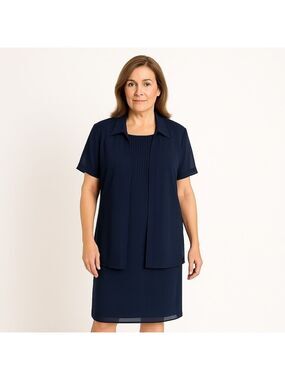 STUDIO I Petite Navy Blue 2-Piece Dress & Jacket Set Size 14P